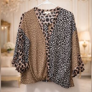 Umgee Two-Tone Animal Print Blouse in Tan and Black